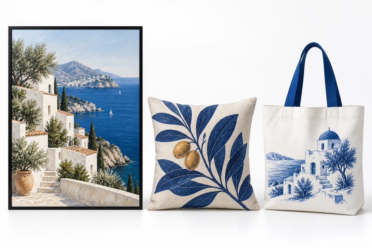 Illustrative product concepts: framed wall art, a patterned cushion and a canvas tote